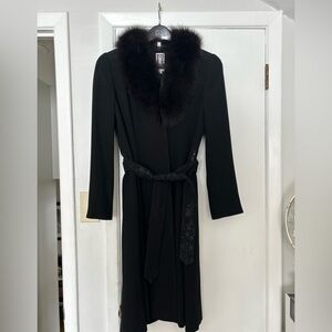 Vintage Zelda Lightweight Black Long Coat with Fox hair collar, size 8